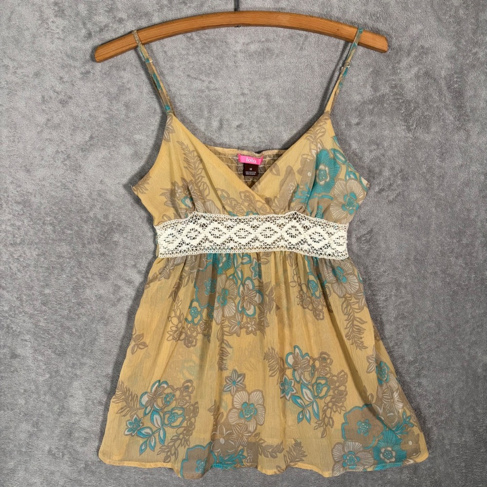 Lola Floral Empire Waist Cami Top Babydoll Crochet Lace Smocked Back M Y2K Vntg